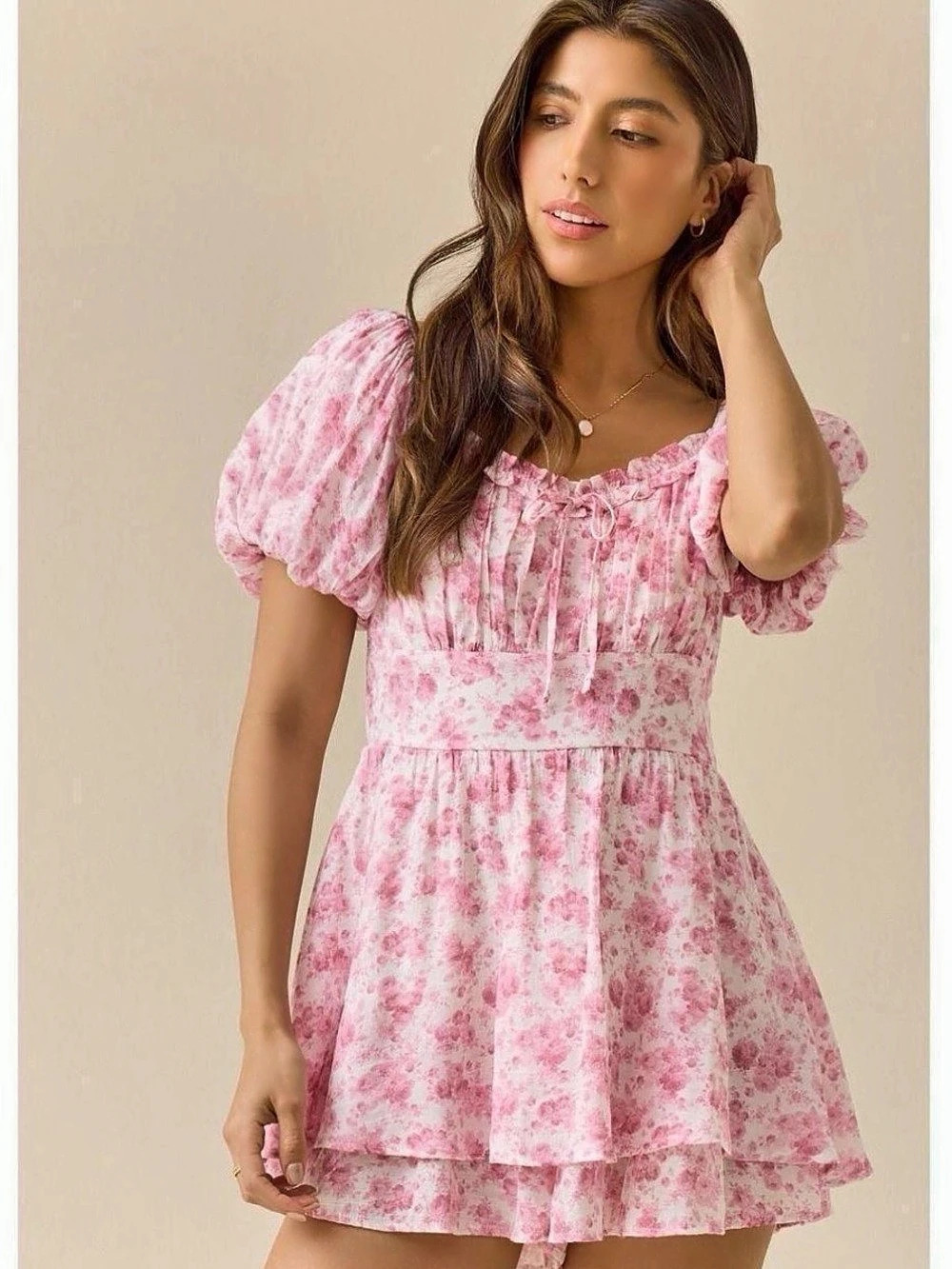 Altar’d State Pink Floral Puff Sleeve Romper Mini Dress – Size S (2-4)